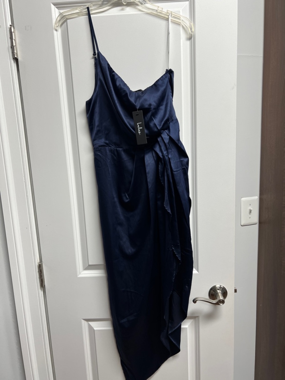 Lulu's Navy One-Shoulder Satin Wrap Midi Dress
